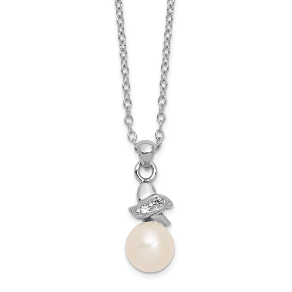 Sterling Silver Rhodium-plated 6-7mm White Button Freshwater Cultured Pearl and CZ 17 inch Necklace