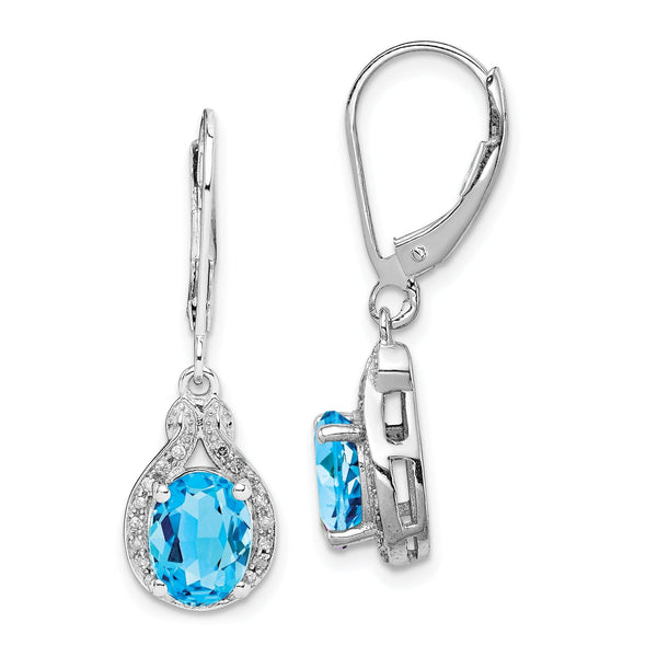 Sterling Silver Rhodium-Plated Blue Topaz and Diamond Drop Earrings for Women