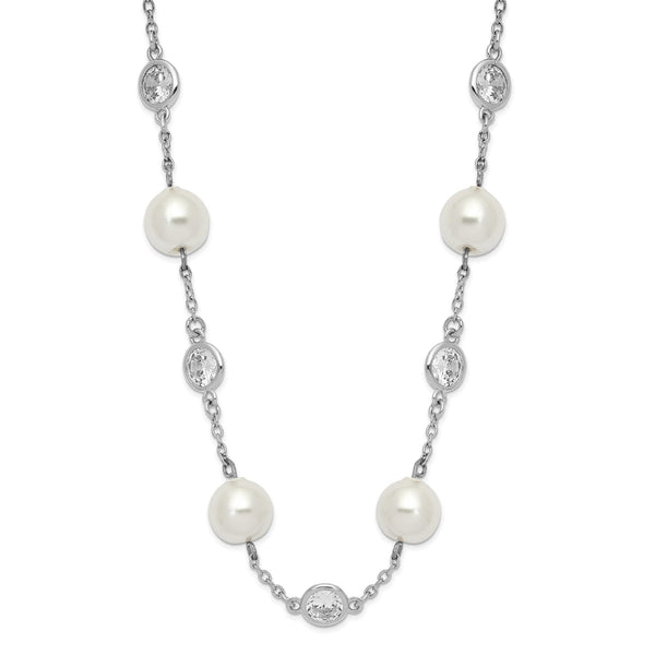 Cheryl 925 Sterling Silver CZ and Pearl Necklace with Polished Rhodium Finish