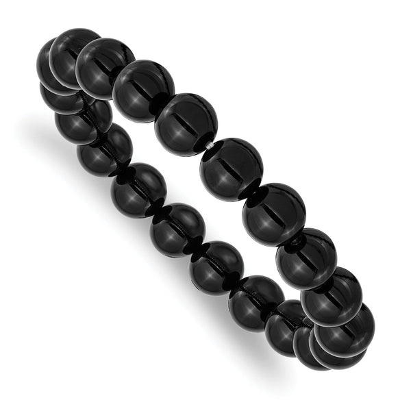 Chisel Grooved Bands Black Agate Beaded Bracelet, 10mm Stretch, 6.5 Inch