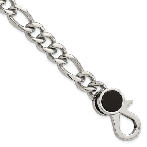Chisel Figaro Chain Bracelet in Stainless Steel with Black Agate, 8 Inch