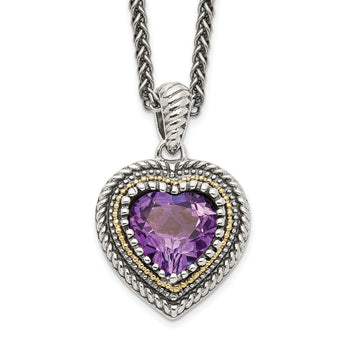 Sterling Silver & 14K Gold Amethyst Heart Necklace Vintage Inspired Elegance