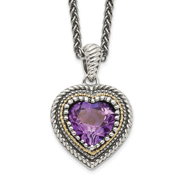 Sterling Silver & 14K Gold Amethyst Heart Necklace Vintage Inspired Elegance