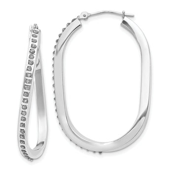 14K White Gold Diamond-Accented Oval Twist Hoop Earrings Polished