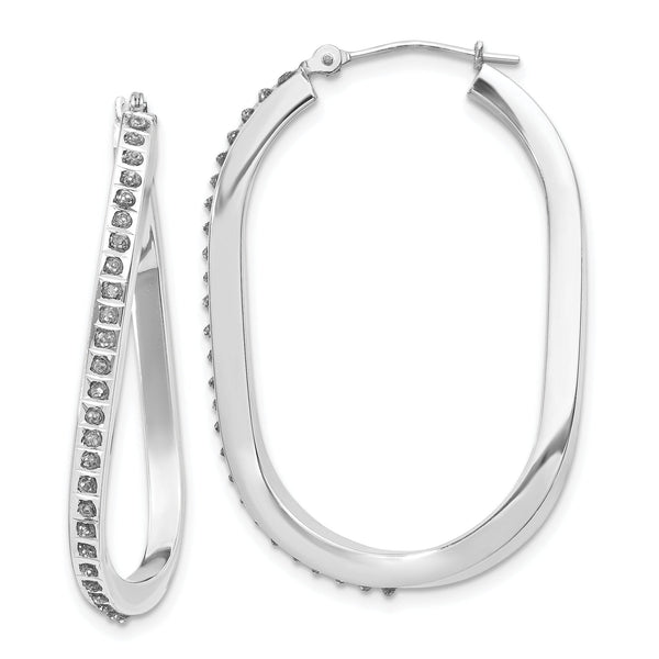 14K White Gold Diamond-Accented Oval Twist Hoop Earrings Polished