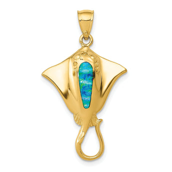 14K Gold Polished Stingray Pendant with Created Blue Opal