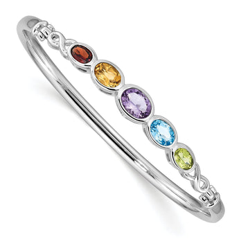 Sterling Silver Multi-Gemstone Bangle with Polished Rhodium Finish