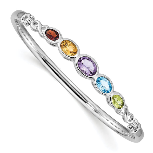 Sterling Silver Multi-Gemstone Bangle with Polished Rhodium Finish