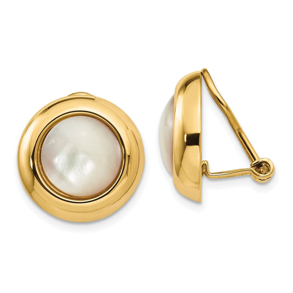 14K Gold Mother of Pearl Clip-On Button Earrings for Women Polished Finish