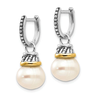 Sterling Silver 14K Gold Pearl Diamond Hoop Dangle Earrings Elegant Design