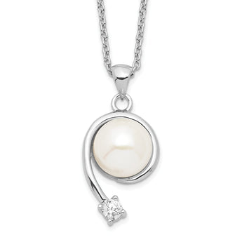Sterling Silver Pearl and CZ Pendant Necklace with Rhodium Polish