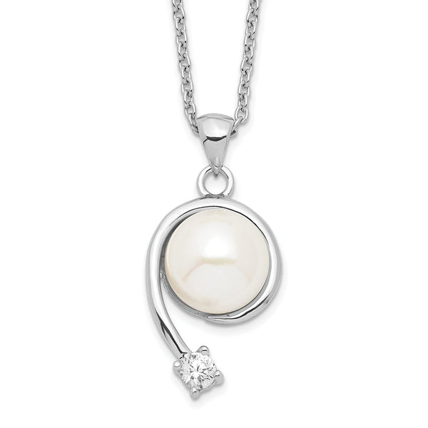 Sterling Silver Pearl and CZ Pendant Necklace with Rhodium Polish