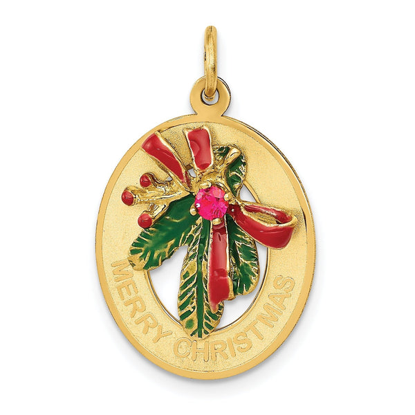 14K Gold Enameled Mistletoe Charm with Red Synthetic Stones