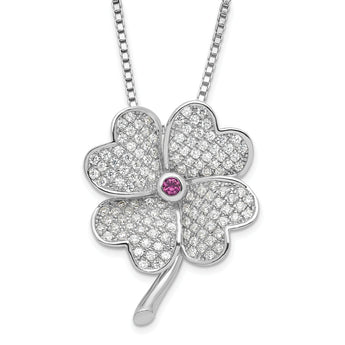 Cubic Zirconia & Red Corundum Clover Necklace in Sterling Silver, 18 Inch