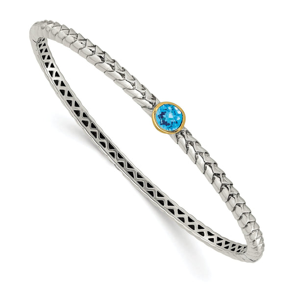 : Sterling Silver & 14K Gold Blue Topaz Bangle Elegant Vintage Style