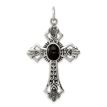 Onyx Cross Pendant in Sterling Silver, 43mm Antiqued & Polished