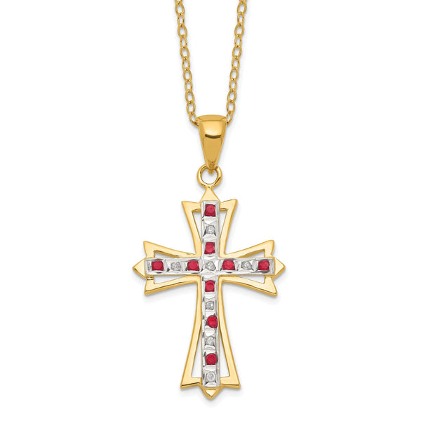 Gold-Plated Sterling Silver Ruby Diamond Cross Necklace