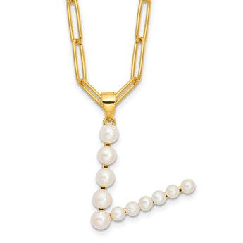 Sterling Silver Gold-plated 3-5.5mm White Button Freshwater Cultured Pearl LETTER V 18 inch Necklace