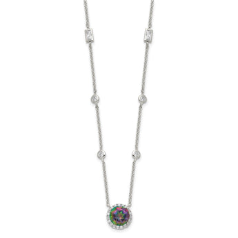 Sterling Silver RH-plated Dark Mystic CZ Halo Pendant on 10-Station Necklac