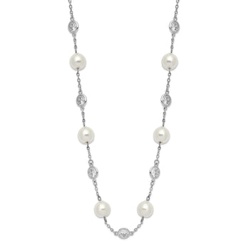 Cheryl 925 Sterling Silver CZ and Pearl Necklace with Polished Rhodium Finish