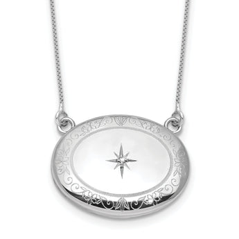 Sterling Silver Rhodium-plated Polished Front/Brushed Back 1/20 ct. Diamond Floral 18.75 inch with 2 inch ext. 20mm Oval Locket Necklace
