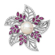 Sterling Silver Filigree Flower Brooch with Pearl and Pink Corundum Accents