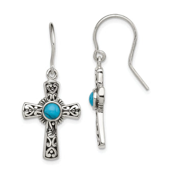 Sterling Silver 925 Turquoise Cross Drop Earrings with Antiqued Finish