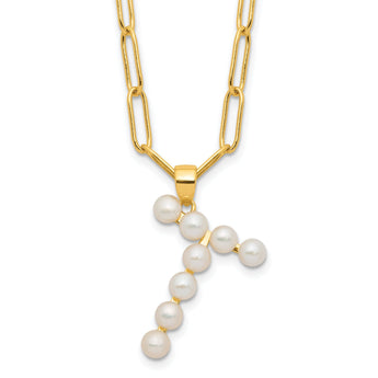 Sterling Silver Gold-plated 3-5.5mm White Button Freshwater Cultured Pearl LETTER T 18 inch Necklace