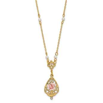 1928 Jewelry Gold-tone Imitation Pearl Pink Porcelain Rose and Clear Crystal Filigree Teardrop 17 inch Necklace