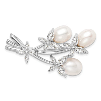 Sterling Silver Rhodium-Plated Floral Pearl Brooch with CZ Elegance