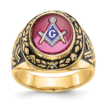14k Men's Polished, Antiqued and Textured with Lab Created Ruby Masonic Ring