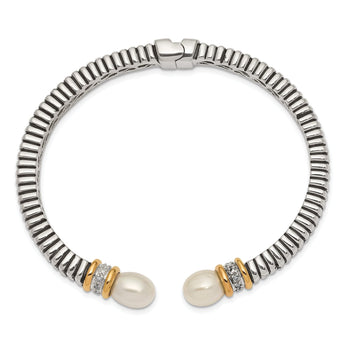 Sterling Silver 14K Gold Pearl Diamond Hinged Cuff Bracelet