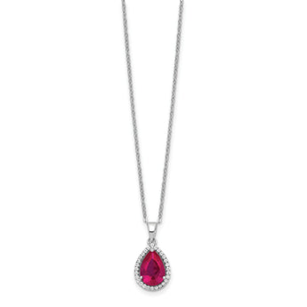 Sterling Silver 18in Rhodium Plated Polished Clear CZ and Lab Created Ruby Pear Shaped Necklace