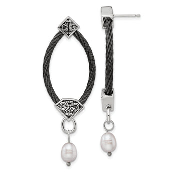 Black Titanium & Silver Dangle Earrings with Pearl Floral Accent