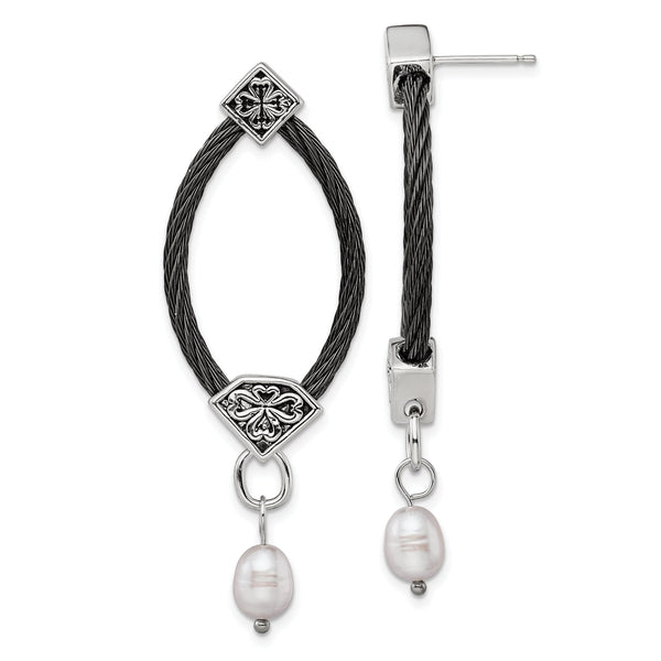 Black Titanium & Silver Dangle Earrings with Pearl Floral Accent