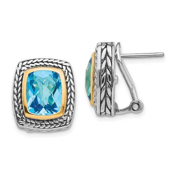 Swiss Blue Topaz Sterling Silver Earrings with 14K Gold Accents, Antique Style