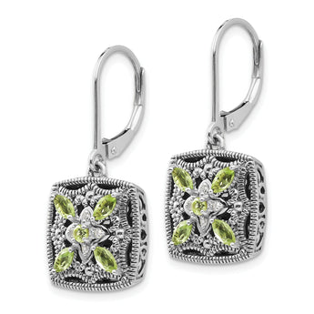 Sterling Silver and 14K Gold Peridot Diamond Leverback Earrings