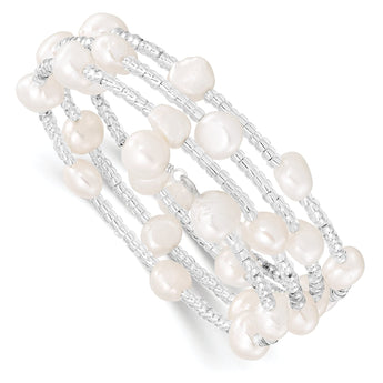 Sterling Silver Wrap Bracelet with White Baroque Pearls and GlaSterling Silver Beads