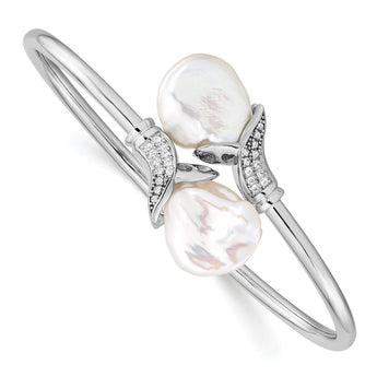 Sterling Silver Keshi Pearl Flexible Bangle with CZ Elegance