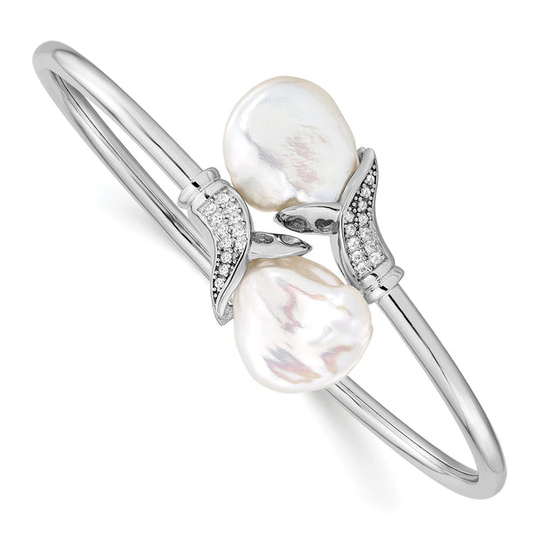 Sterling Silver Keshi Pearl Flexible Bangle with CZ Elegance