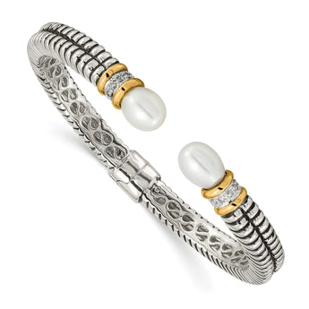 Sterling Silver 14K Gold Pearl Diamond Hinged Cuff Bracelet