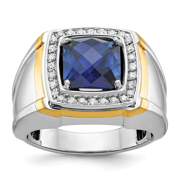14k Two-tone Men's Polished Lab Created Sapphire and AA Quality Diamond Ring