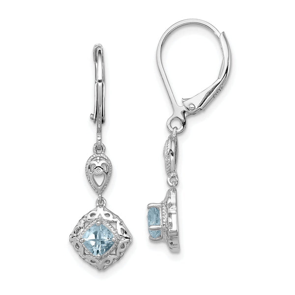 Sterling Silver Aquamarine & Diamond Leverback Earrings Rhodium-Plated, Polished Finish
