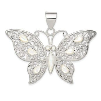 Sterling Silver Mother of Pearl Butterfly Pendant with Filigree Detailing