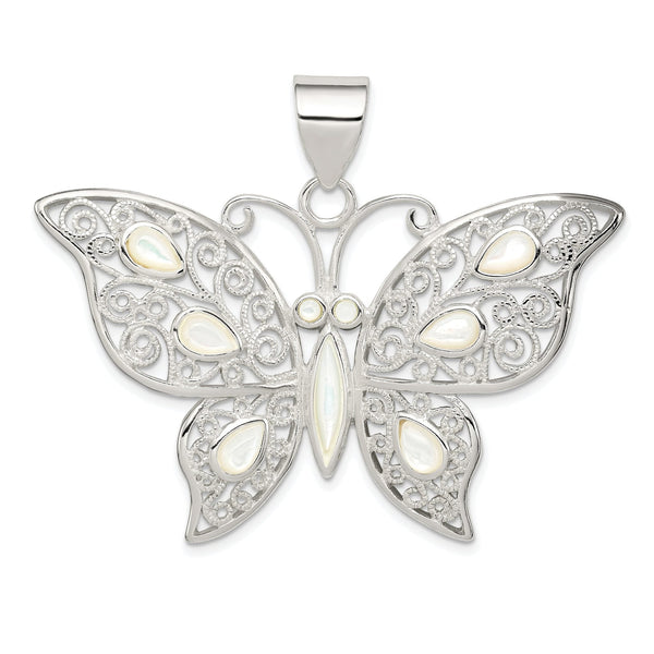 Sterling Silver Mother of Pearl Butterfly Pendant with Filigree Detailing