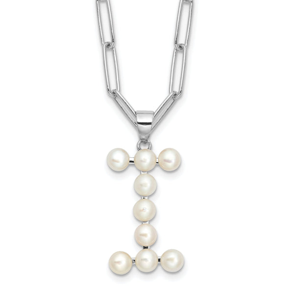 Sterling Silver Rhodium-Rhodium-Plated 3-5.5mm White Button Freshwater Cultured Pearl LETTER I 18 inch Necklace
