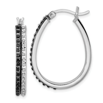 Sterling Silver Platinum-Plated Black & White Diamond Hoop Earrings Elegant Hinged Design