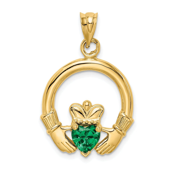 14K Gold Claddagh Pendant with Green Heart CZ Stone, Polished Finish