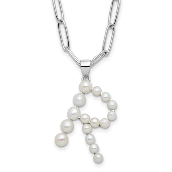 Sterling Silver Rhodium-Rhodium-Plated 3-5.5mm White Button Freshwater Cultured Pearl LETTER R 18 inch Necklace