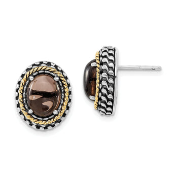 Smoky Quartz Stud Earrings in Sterling Silver with Antique, 10x8mm